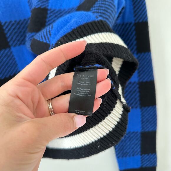 Rag & Bone Gabby Wool Buffalo Check V-Neck Pullover Sweater Blue/Black S - Picture 8 of 10